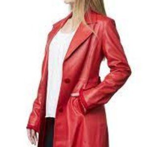WOMEN RED TRENCH LEATHER COAT
